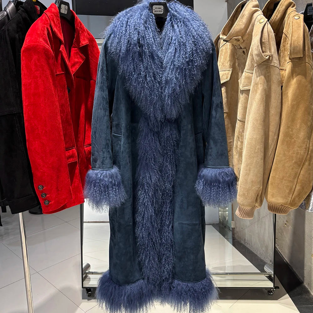 YOLOAgain Real Mongolia Sheep Fur Jacket Long Dark Brown Suede Coat Women