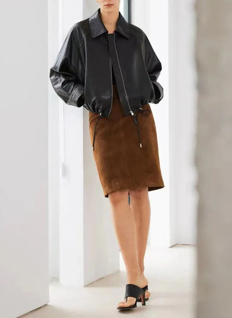 Real Leather Clothing for Women Lapel Drawstring Silhouette Short Coat Female Genuine Sheepskin Balloon Jacket Bomber Femme