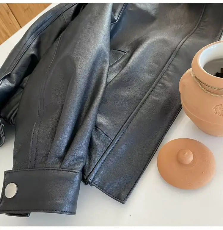 Genuine Leather Jacket for Women Sheepskin Leather Short Coat Female Collar Cropped Veste Woman Clothing Basic Daily Outfit
