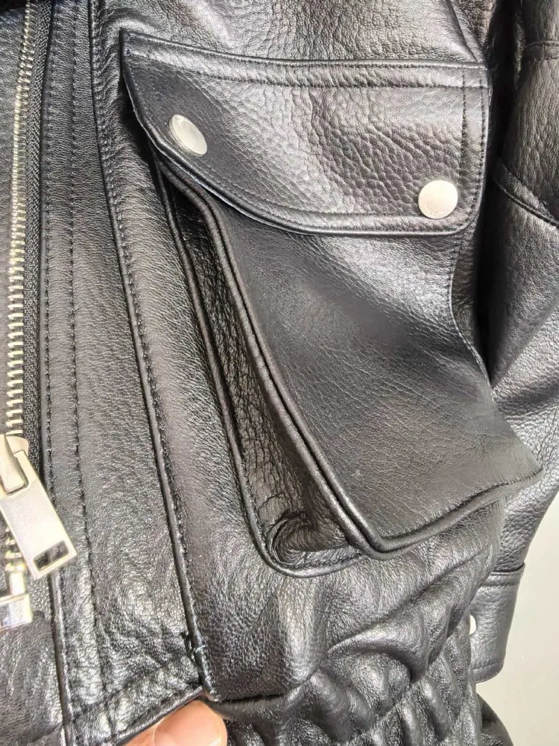 Punk Women Vintage Genuine Leather Jacket Lapel Streetwear Motorcycle Short Coat Loose Fit High Quality Real Sheepskin Outerwear