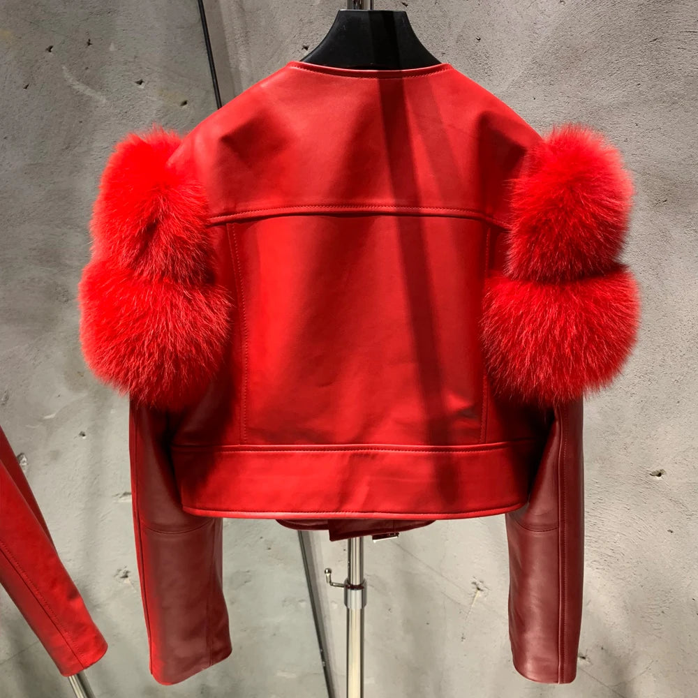 Leather Jacket Factory Ladies Short Leather Jacket Real Fox Fur Sleeve Coat Women Autumn 21001