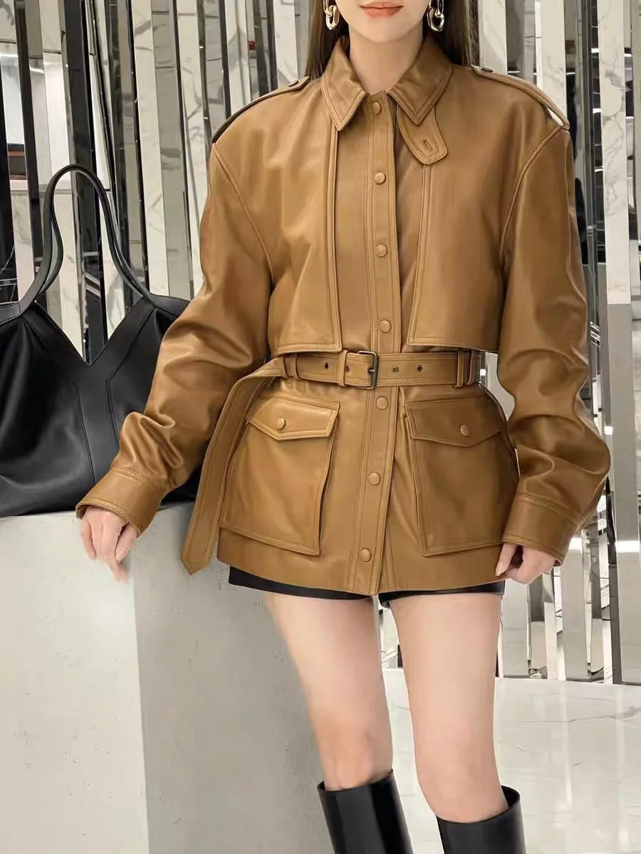 Winter Genuine Leather Outwears For Women High Quality Female Large Pocket Epaulet Belt Mid Long Jacket Female Warm Windbreaker