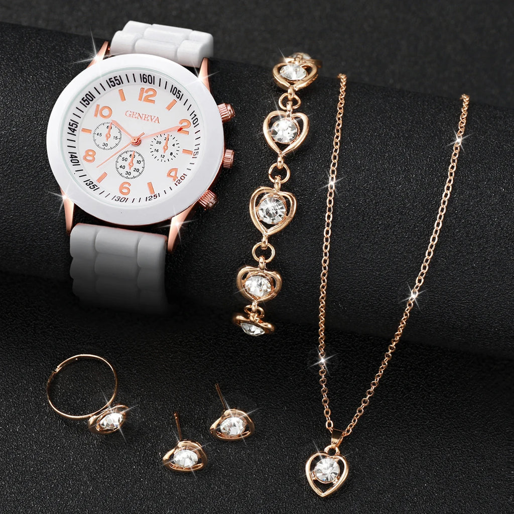 5/6PCS Women Watches Fashion Silicone Band Women Quartz Watches Jewelry Set Reloj Mujer Girls Clock Gift (Without Box)