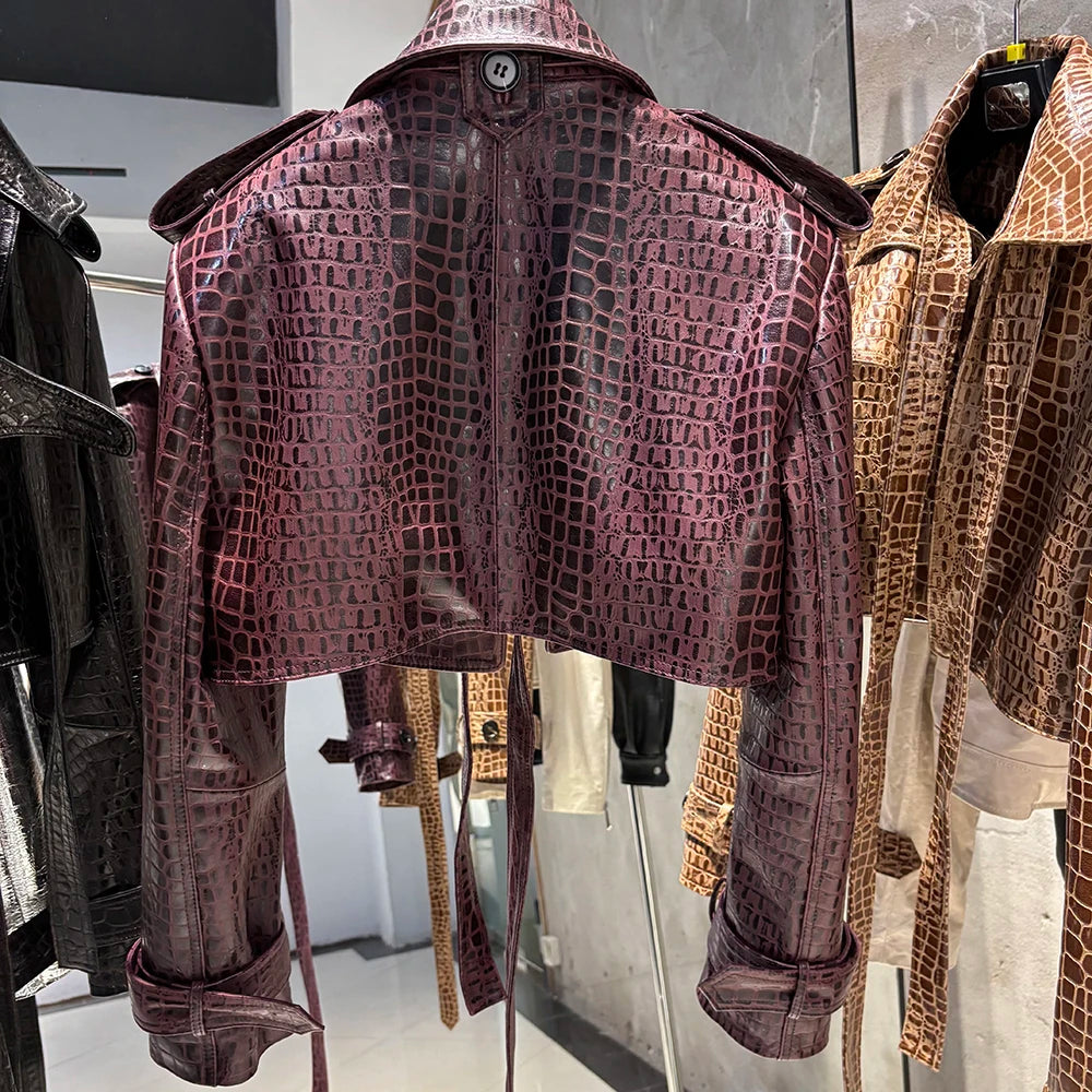 YOLOAgain Croc Pattern Real Leather Cropped Jacket Women Genuine Leather Jacket Female Streetwear