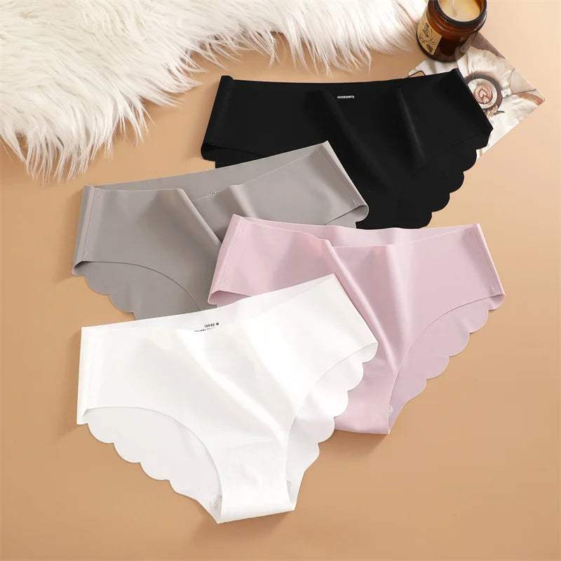 Ice Silk Seamless Panties 4PCS/Set Women's Briefs Solid Color Elastic Underwear Female Ultra Thin No Trace Wavy Side Panties