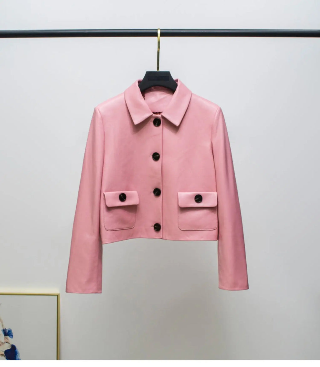 Women Genuine Leather Jacket 2025 Winter Female Square Collar Pocket Single-Breasted Slim Short Coat Mujer Outwear Blazer Kurtki