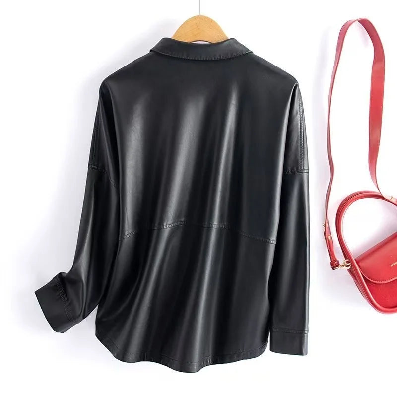 Sheepskin Leather Jacket Women Short Covered Button Pockets Coats Chic Office Ladies Split Sheep Leather Korean Loose Outwear