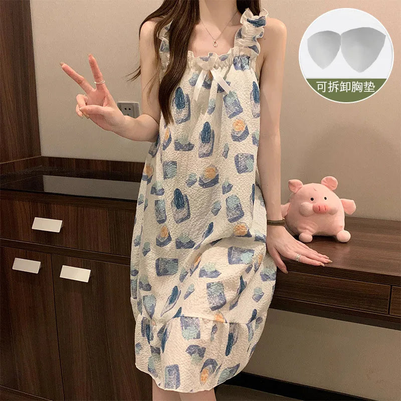 Summer Ladies Nightgown Halter Nightgown Nightgown Women Summer Vest Nightgown with Bra Pads Can Be Worn Outside Home Wear