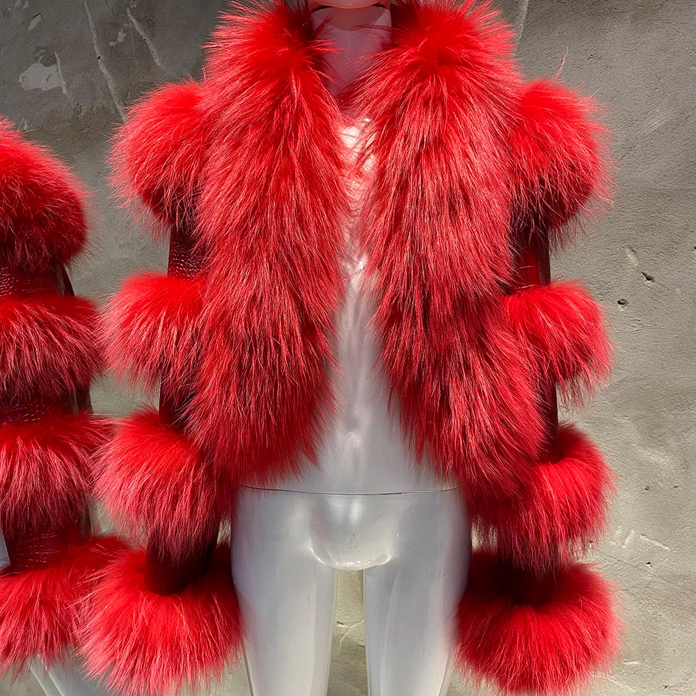 YOLOAgain Women's Natural Fox Fur Jacket Real Leather Cropped Jacket Streetwear