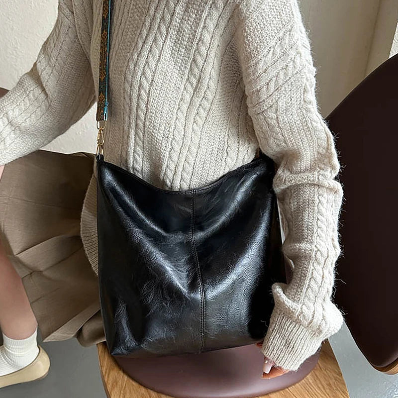 Wide Geometric Strap Shoulder Bag Large Capacity Crossbody Bags For Women,Retro Pu Leather Women's Bag For Shopping Travel
