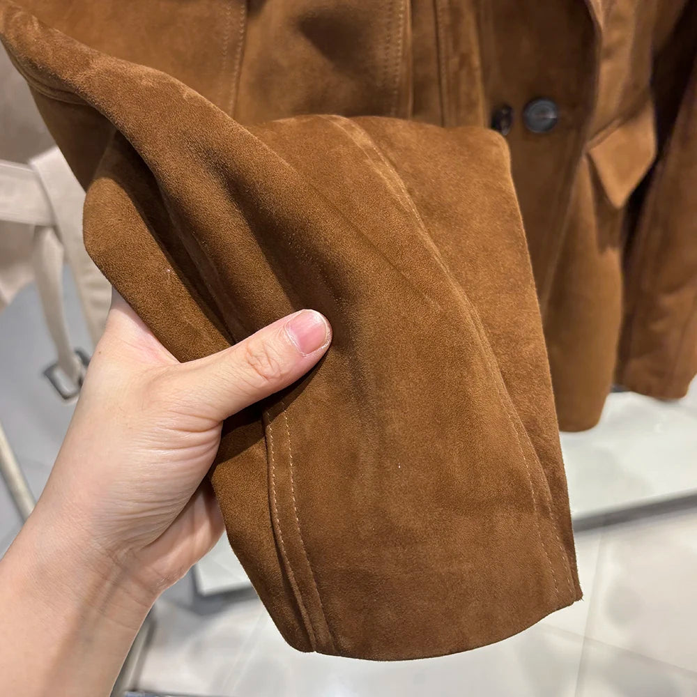 YOLOAgain Vintage Suede Blazer Jacket Women Double Breasted Lapel Dark Brown Genuine Sheepskin Leather Jacket Coat Female
