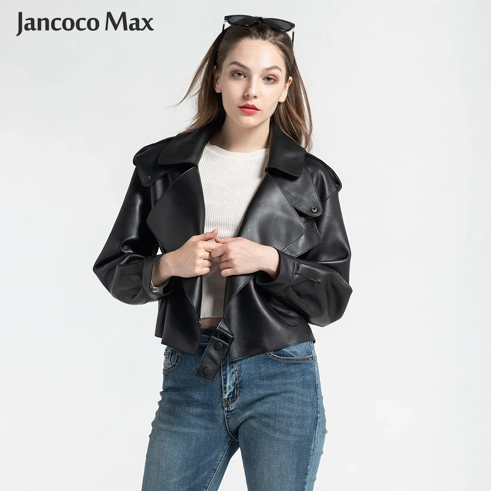 Sheepskin Coat For Women Leather Jacket Winter Spring Moto Biker Genuine Top Quality Black S7547