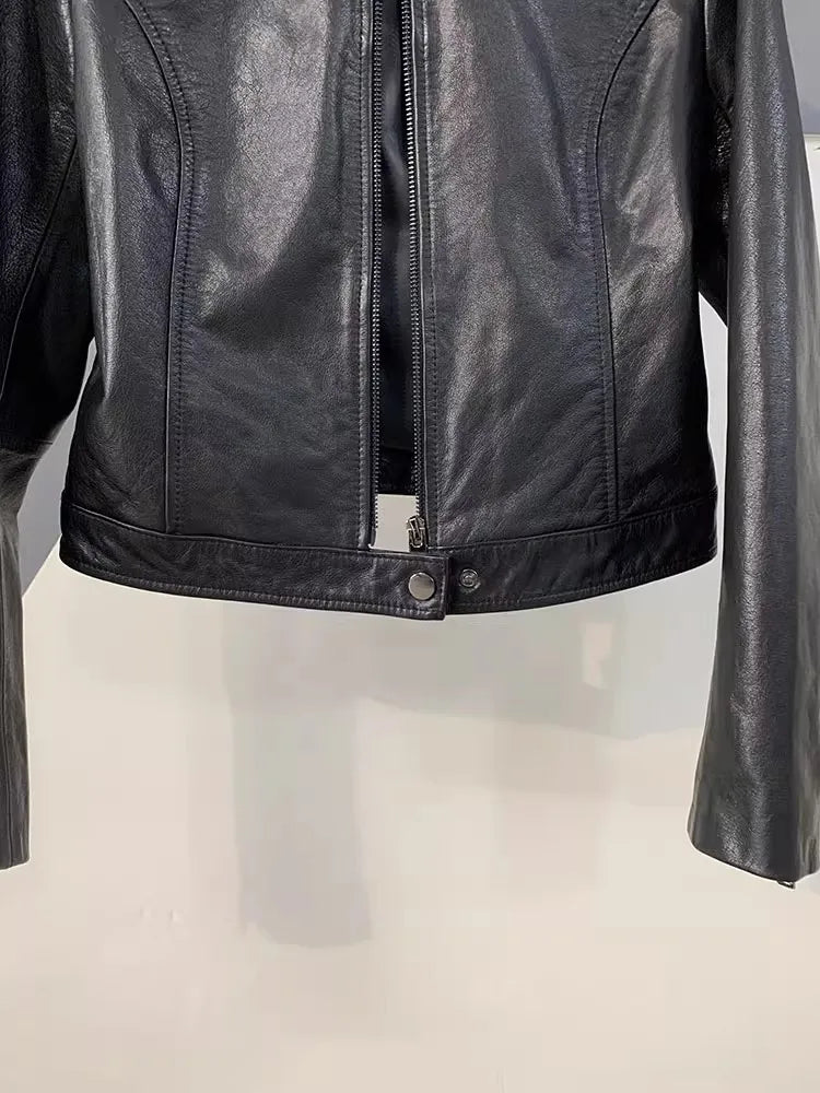 Autumn Fashion Genuine Leather Women Short Jacket Stand Collar Zipper Coat Top Work Lady Slim Fit Jackets Casual Black Outerwear