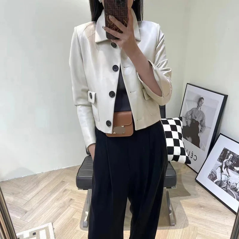 Women Genuine Leather Jacket 2025 Winter Female Square Collar Pocket Single-Breasted Slim Short Coat Mujer Outwear Blazer Kurtki