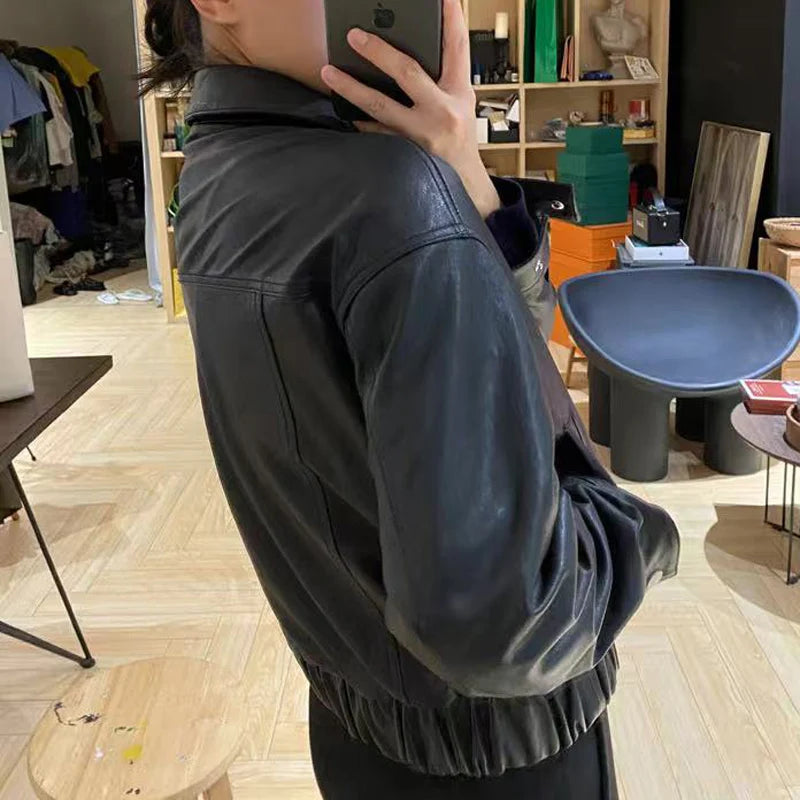 Genuine Leather Jacket for Women Sheepskin Leather Short Coat Female Collar Cropped Veste Woman Clothing Basic Daily Outfit