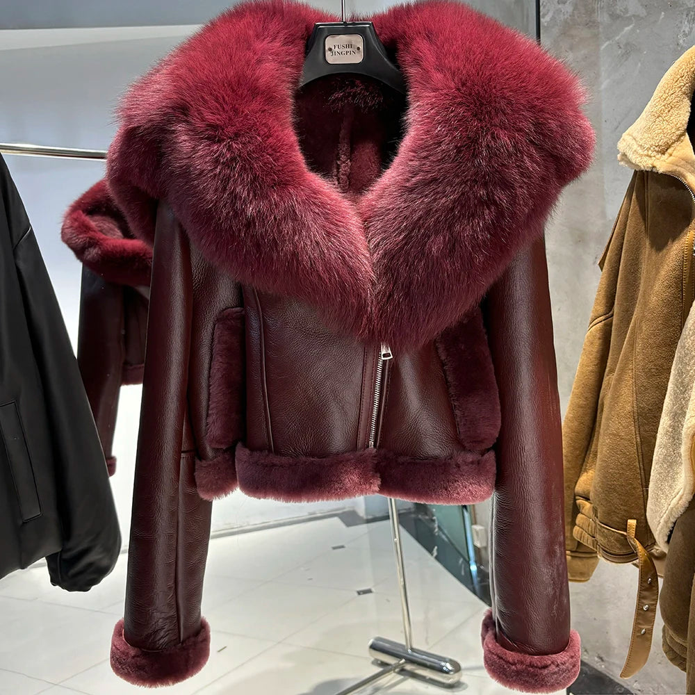 YOLOAgain Burgundy Shearling Jacket With Hood Women 2025 Winter Real Leather Jacket Coat