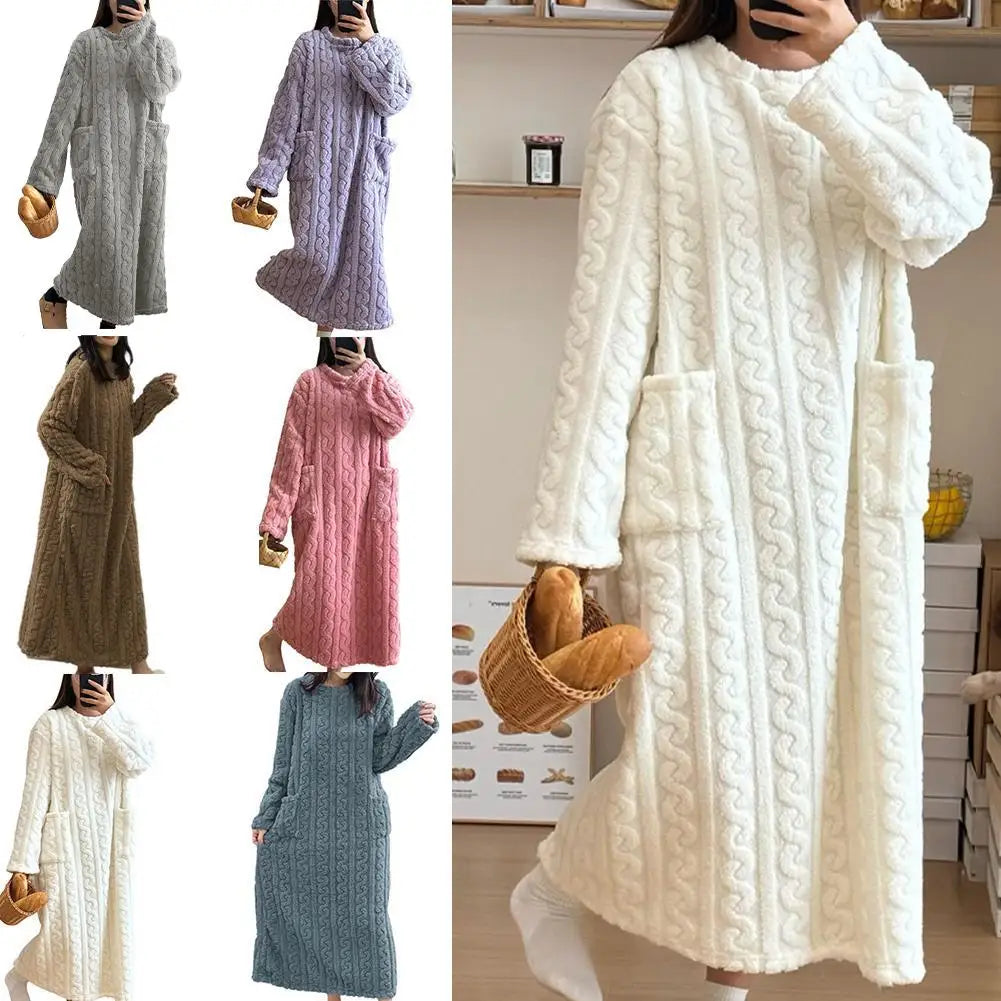 Coral Velvet Women's Nightgown Autumn And Winter Long Sleeve Double Pocket Flannel Nightgowns Women Loose Solid Sleepwear