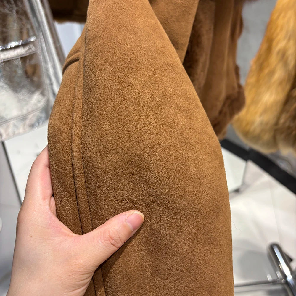 YOLOAgain Burgundy Shearling Jacket With Hood Women 2025 Winter Real Leather Jacket Coat