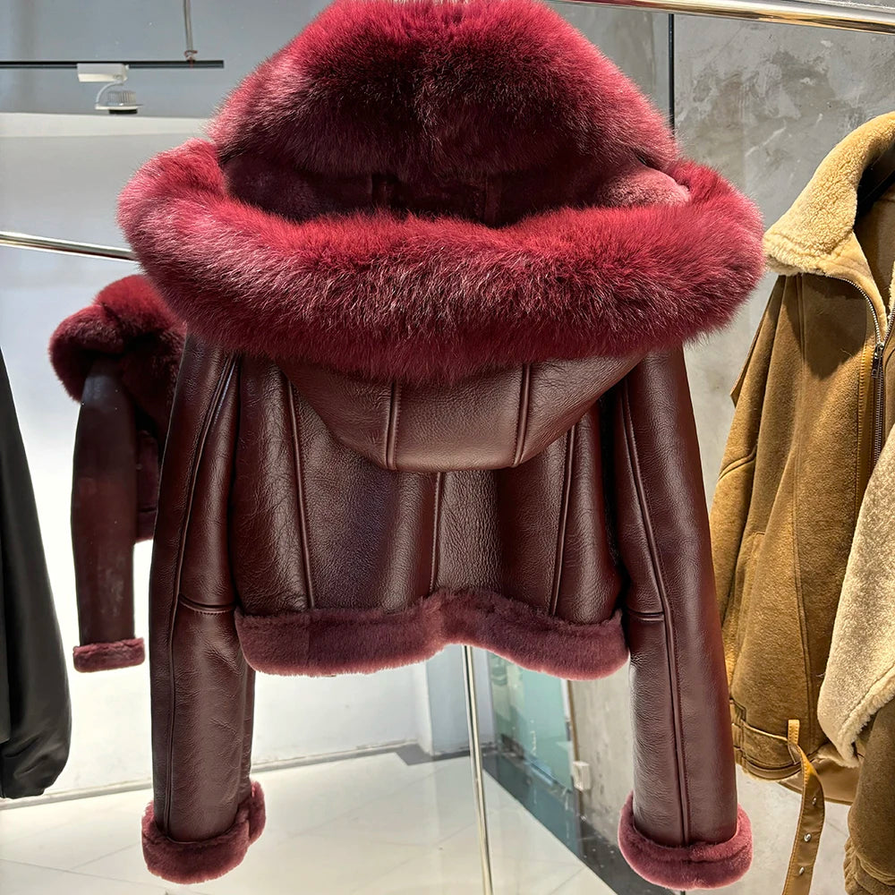 YOLOAgain Burgundy Shearling Jacket With Hood Women 2025 Winter Real Leather Jacket Coat