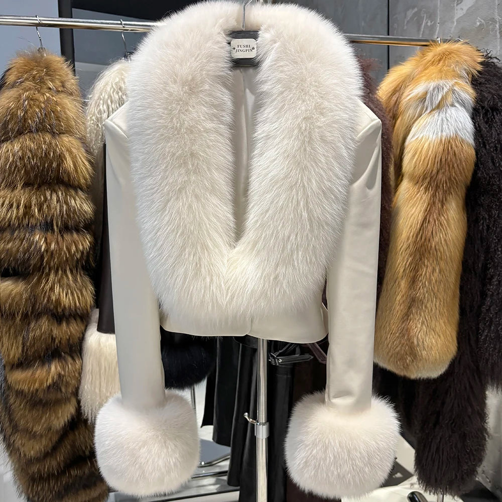 YOLOAgain Real Leather Jacket Women With Fox Fur Collar Cuffs Slim Fit Genuine Sheepskin Coat Female