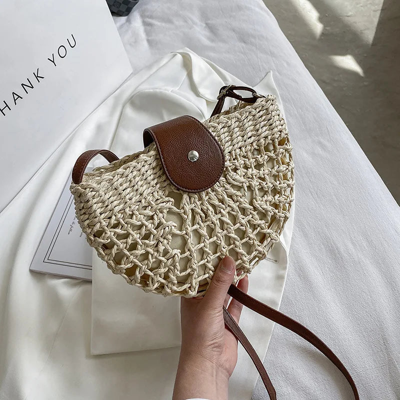 Summer Straw Bag For Women Fashion Semicircle Crossbody Bags Rattan Handmade Messenger Handbag Travel Beach Bags Tote