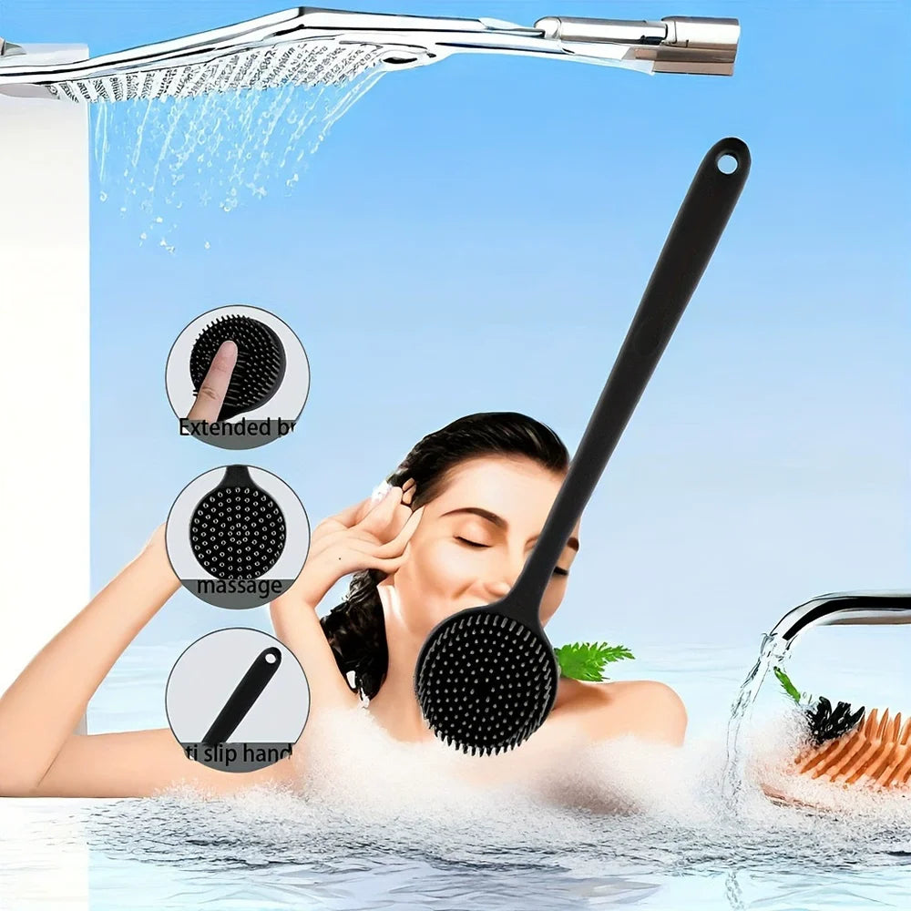 1pc Silicone Back Scrubber Brush for Shower Long Handle Body Deep Cleansing and Exfoliating Massage Double-Sided Soft Bristles