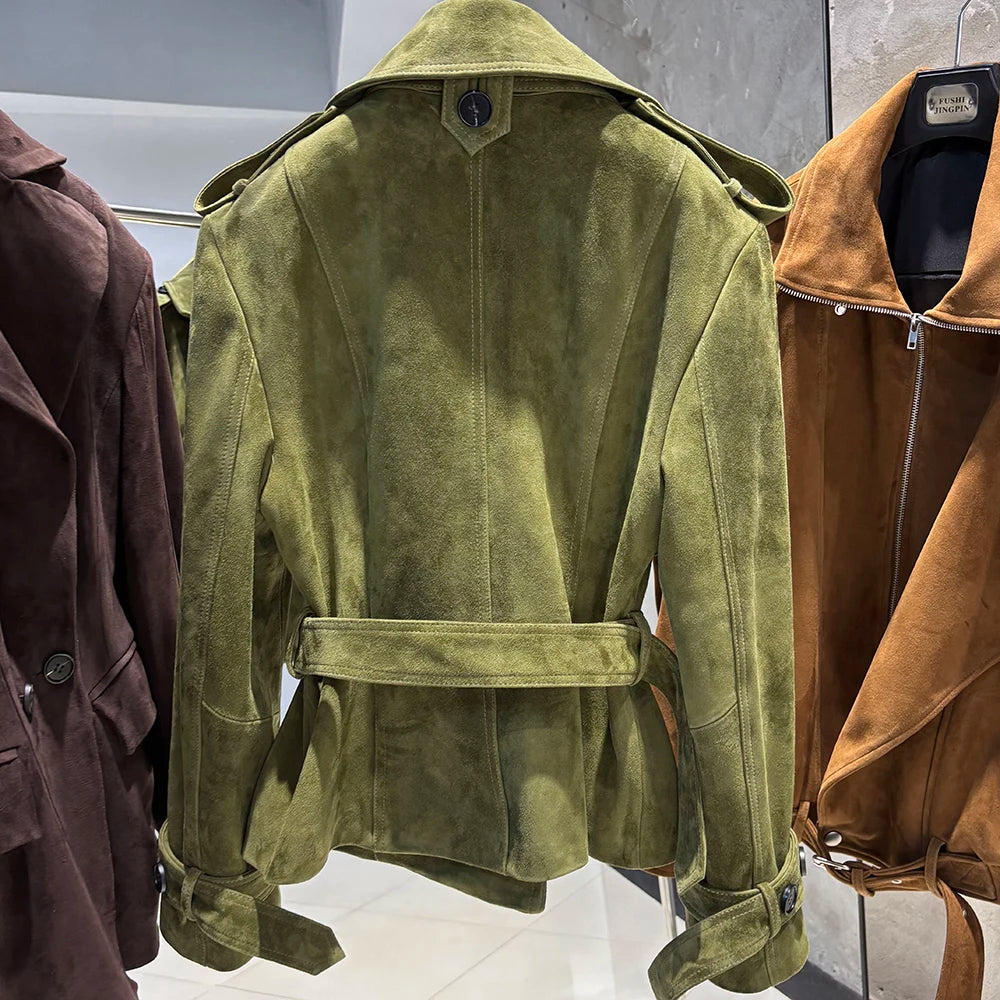 YOLOAgain High Quality Suede Leather Jacket Women With Belt Double Breasted Croc Pattern Jacket Female