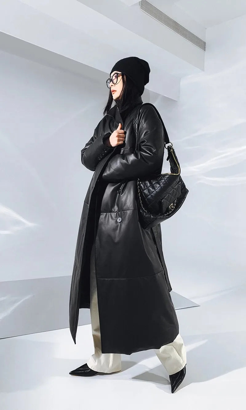 Women's Leather Down Jacket, Loose, Extra Length Design, Goose Down Coat, Suit Collar, Sheepskin Coat, Fashion