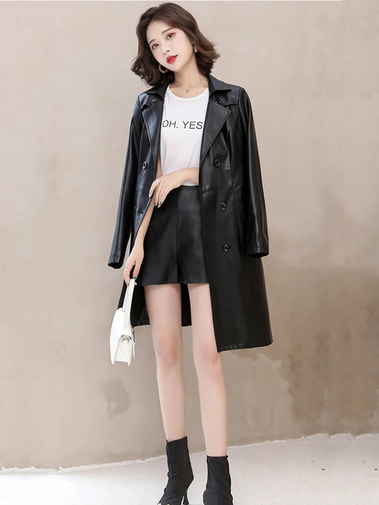 2026 Spring Autumn Sheep Leather Long Trench Coat Women Double Breasted Slim Trench Coat Female Outwear Fashion Windbreaker