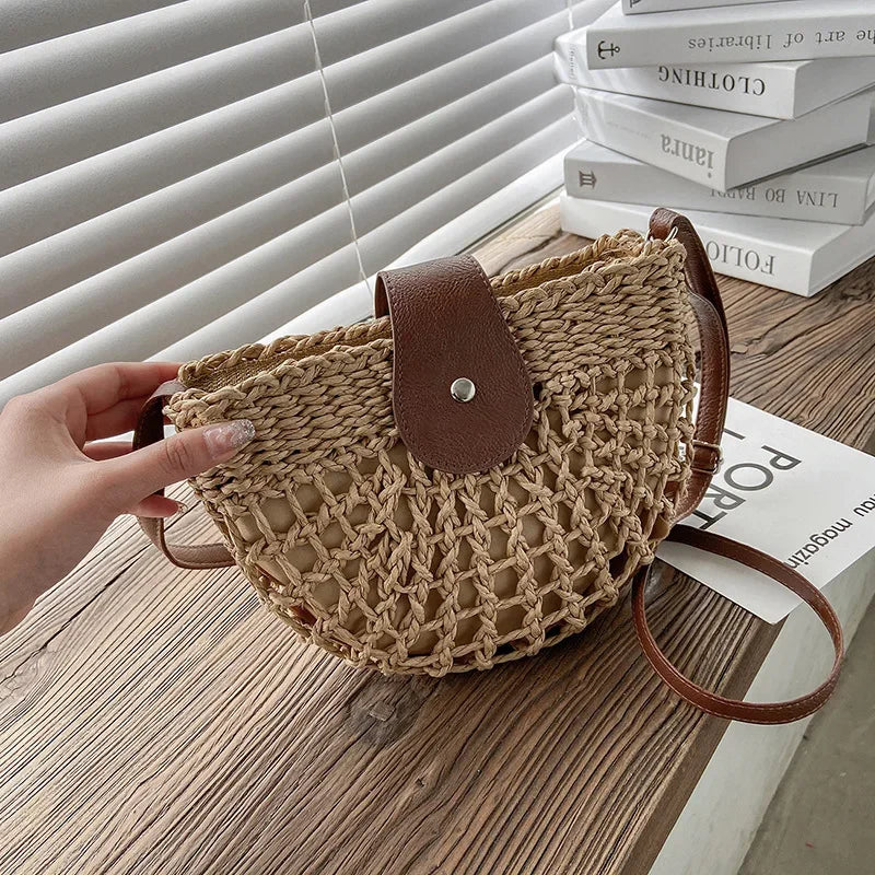 Summer Straw Bag For Women Fashion Semicircle Crossbody Bags Rattan Handmade Messenger Handbag Travel Beach Bags Tote