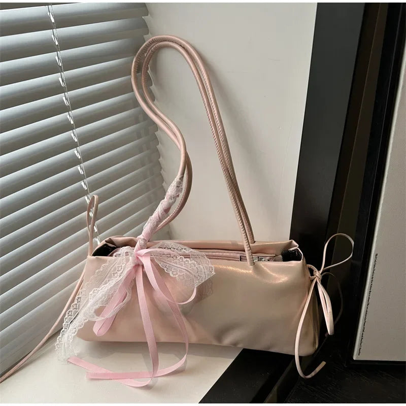 French Elegant Square Bag Korean Bow Decoration Pu High-quality Bag Niche Simple Ballet Style Shoulder Bag New Casual Women Bags