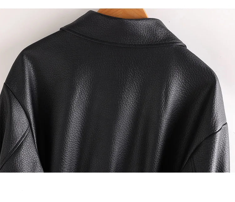 New Women Split Leather Jacket Spring Autumn Fashion Turn-down Collar Stretch Adjustable Waist Short Coat Casual Leather Jacket