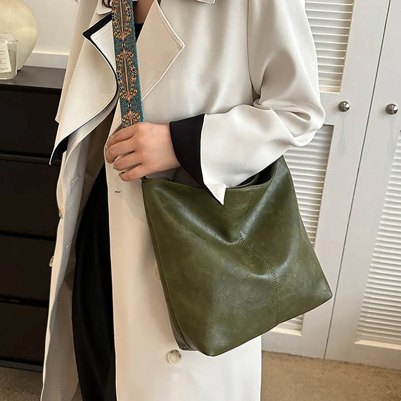 Wide Geometric Strap Shoulder Bag Large Capacity Crossbody Bags For Women,Retro Pu Leather Women's Bag For Shopping Travel