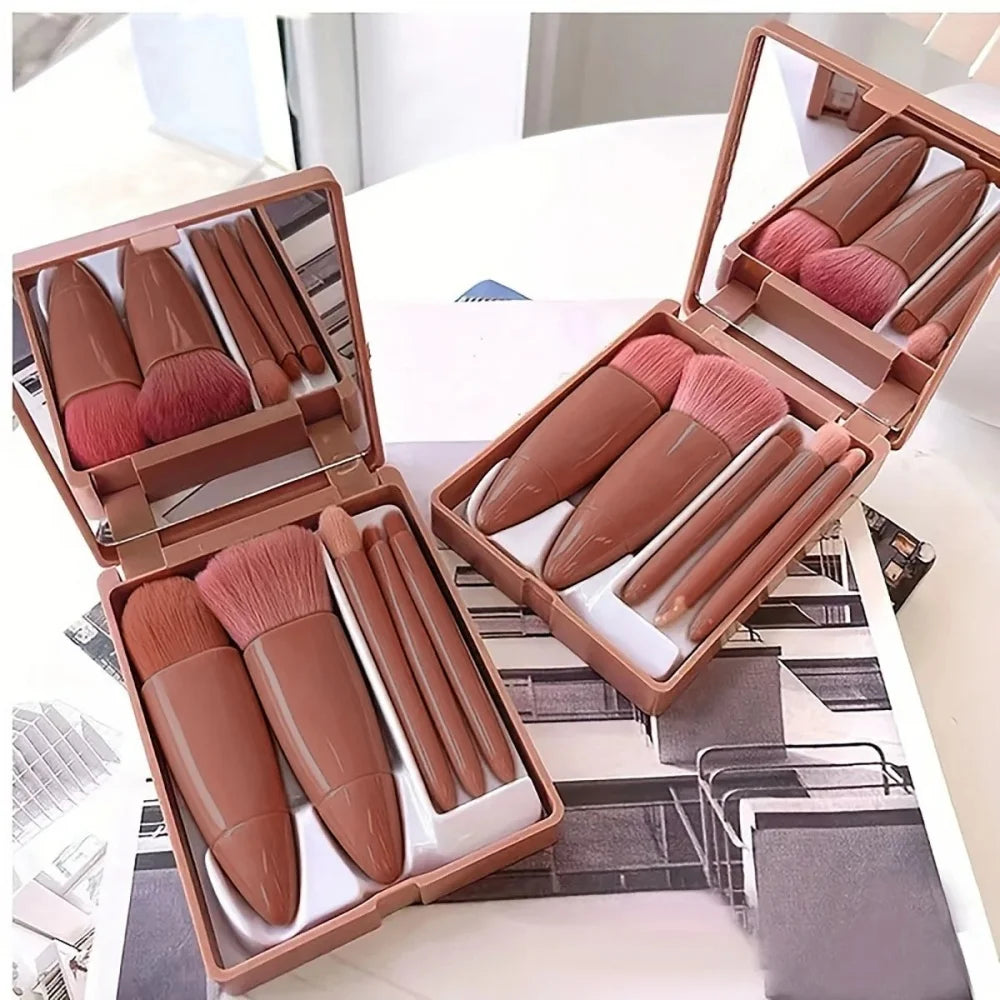 Cosmetic Brush 5PCS Portable Makeup Brush Travel with Mirror Box Makeup Set Brush Loose Powder Brush Blush Brush Eyeshadow Brush