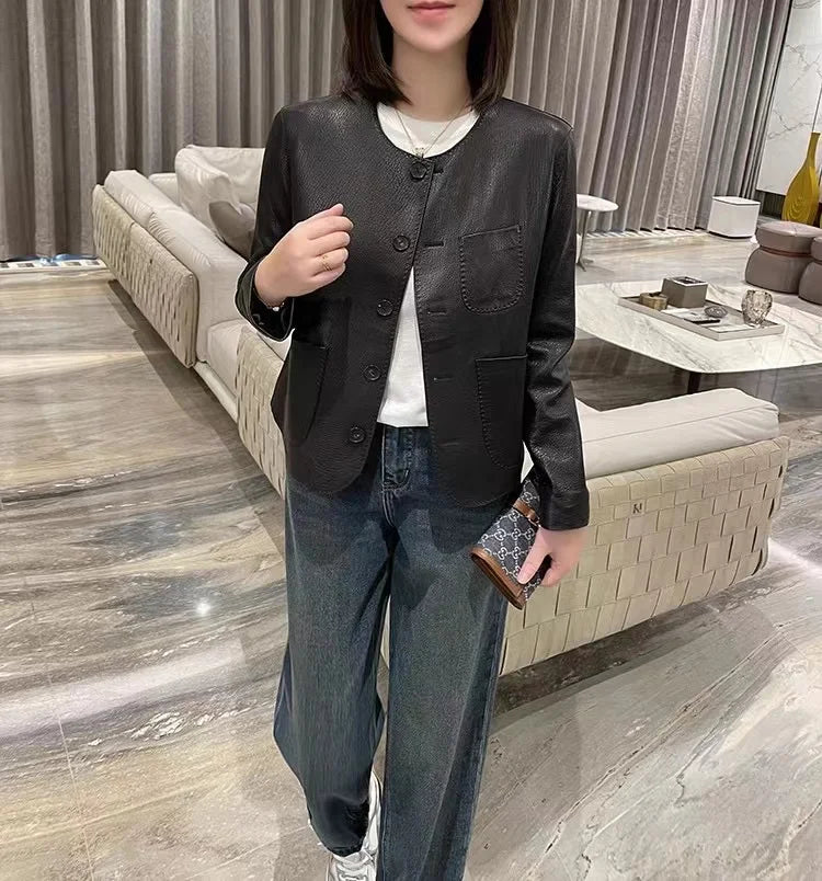 Women's Autumn Clothing European High Quality Sheepskin Casual O-Neck Single-Breasted Coffee Litchi Stria Genuine Leather Jacket