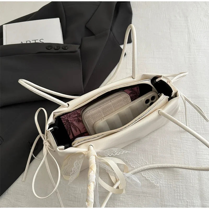 French Elegant Square Bag Korean Bow Decoration Pu High-quality Bag Niche Simple Ballet Style Shoulder Bag New Casual Women Bags
