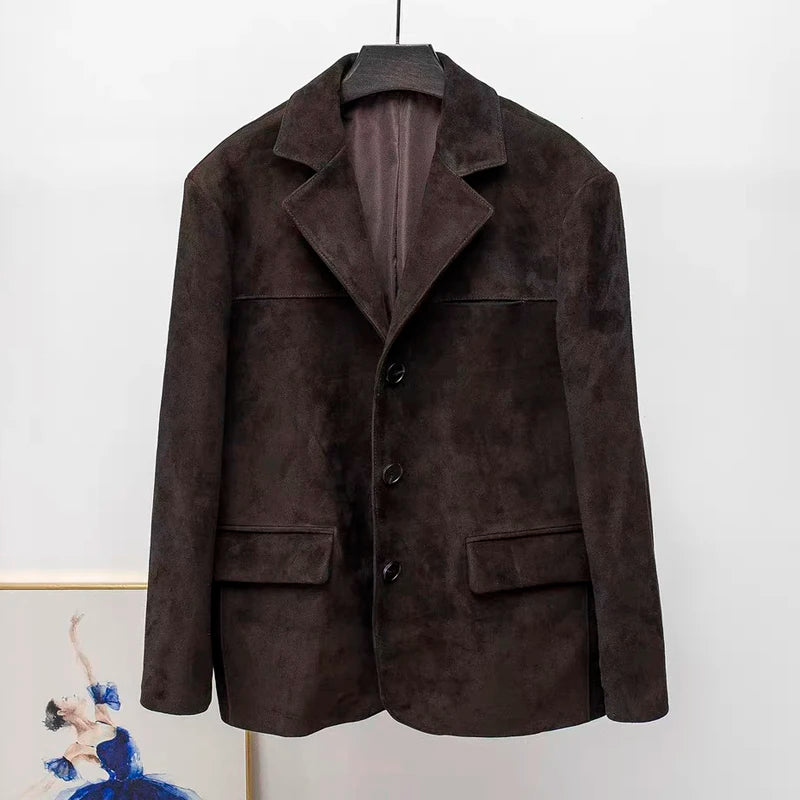 High Quality Suede Leather Suit Jacket Woman Kid Suede Flip Collar Wide Shoulder Split Vintage Ropa Mujer Dark Blue Blazer Coat