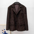 High Quality Suede Leather Suit Jacket Woman Kid Suede Flip Collar Wide Shoulder Split Vintage Ropa Mujer Dark Blue Blazer Coat