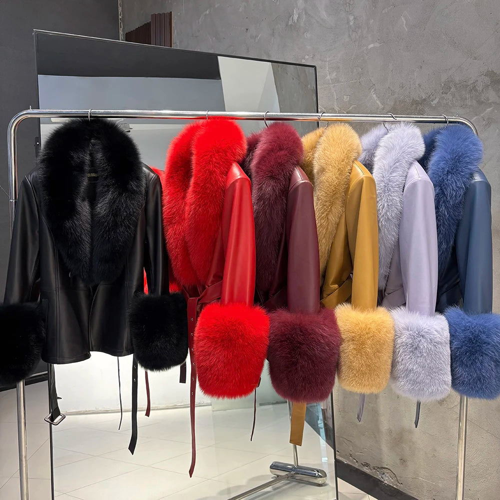 YOLOAgain Women's Real Fox Fur Collar Sheepskin Leather Jacket Coat Autumn 2025