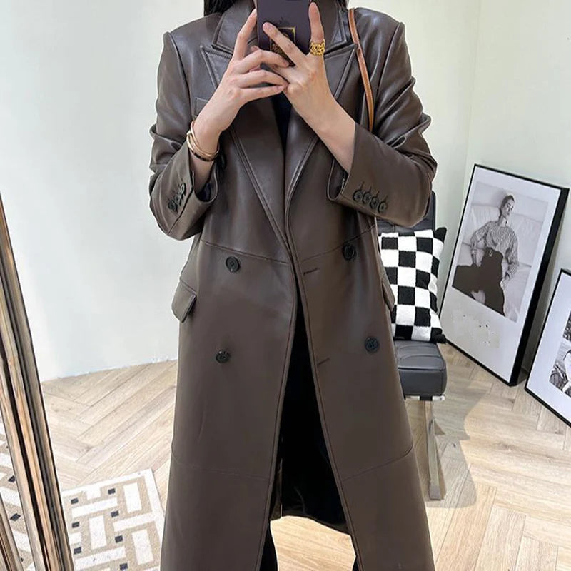 LUXURY Leather Outer Garment Women 2026 Suit Collar Double-Breasted Black Coffee Long Coat Women Streetwear Gabardina de Mujer