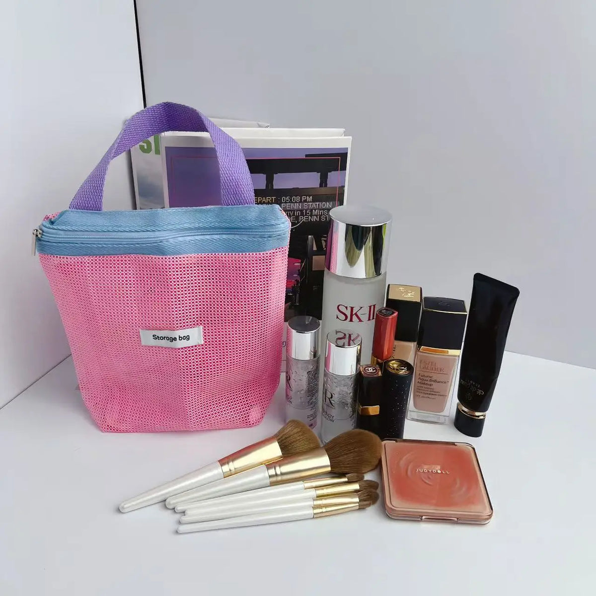 Ins Style Vibrant Bright Color Summer Mesh Tote Bag Small Cosmetic Bag Handbag Foldable Portable Toiletry Bag Women's Beach Bag