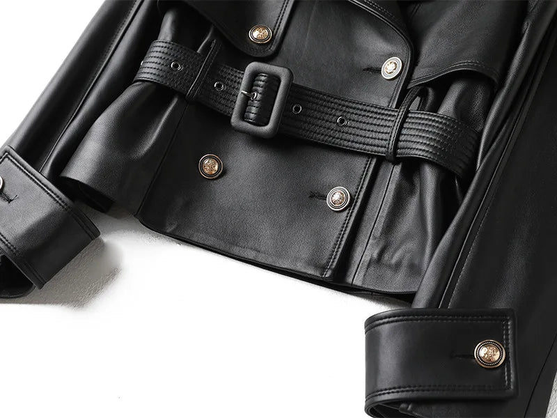 Leather Jacket for Women Spring Double-Breasted Belt Waist Closing Slim Ceket Kadın Imported Sheepskin Loose Short Trench Coat