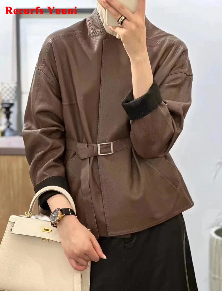 Japanese Style 2025 New Sheepskin Leather Coat for Women Elegant Square Neck Veins Skin Belt Short Jackets Coffee Jaqueta Couro