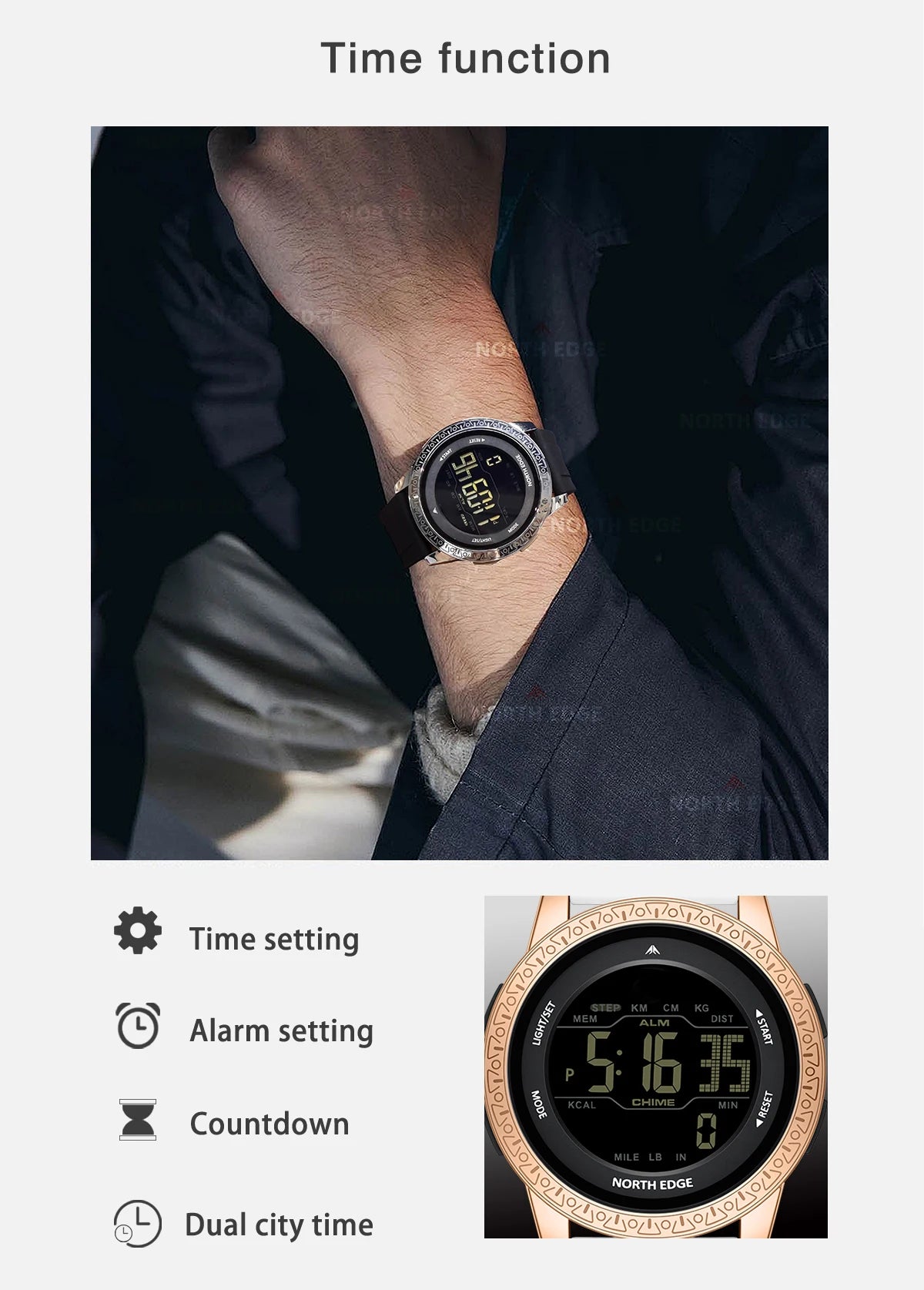 NORTH EDGE APOLLO Luxury Men Women Digital Watch Waterproof 50M Sports Watches Dual Time Pedometer Alarm Clock Couple's Watches
