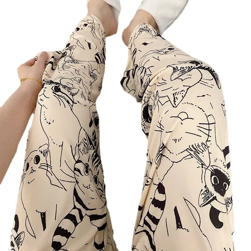 Pajama Pants Woman Cartoon Moe Cat Big Battle Pajama Trousers Female Student Trousers Loose Casual Trousers Lady Sleeping Pants