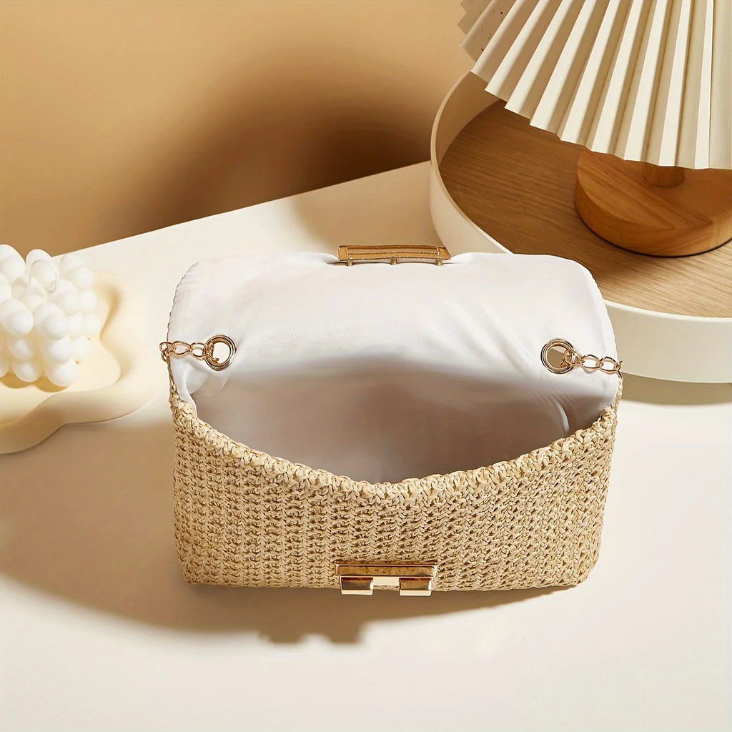 Woven Straw Handwoven Women's Shoulder Bag, Fashion Solid Color Crossbody Purse with Lock Closure