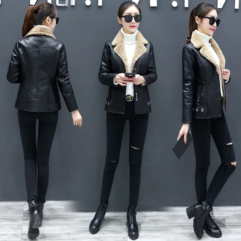Women's Biker Style Thickened Short Leather Jacket Autumn Winter Street Fashion PU Material Versatile Outerwear Coat