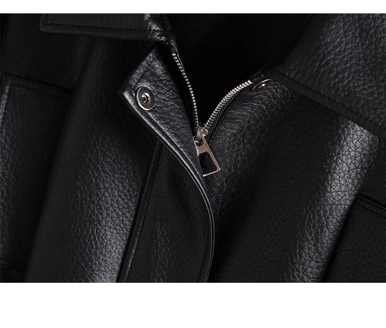 New Women Split Leather Jacket Spring Autumn Fashion Turn-down Collar Stretch Adjustable Waist Short Coat Casual Leather Jacket