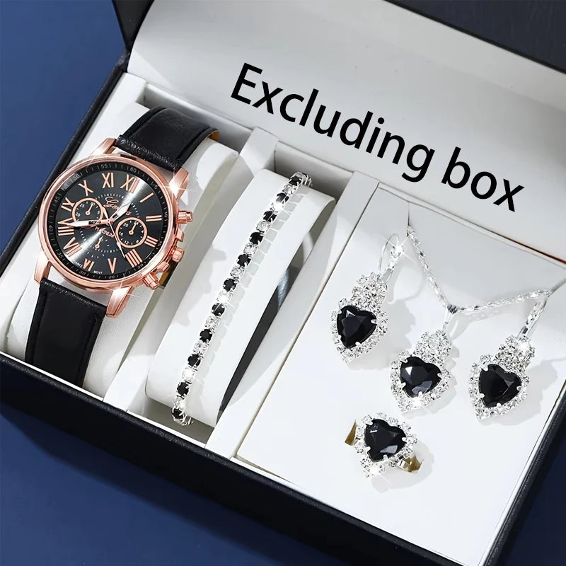 Fashion Quartz Watch and Jewelry Set, Shock Resistant Circular Analog Digital Display, PU Leather Strap, Zinc Alloy Case