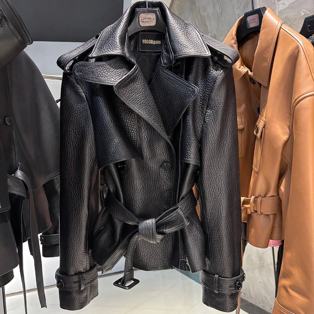 YOLOAgain High Quality Suede Leather Jacket Women With Belt Double Breasted Croc Pattern Jacket Female